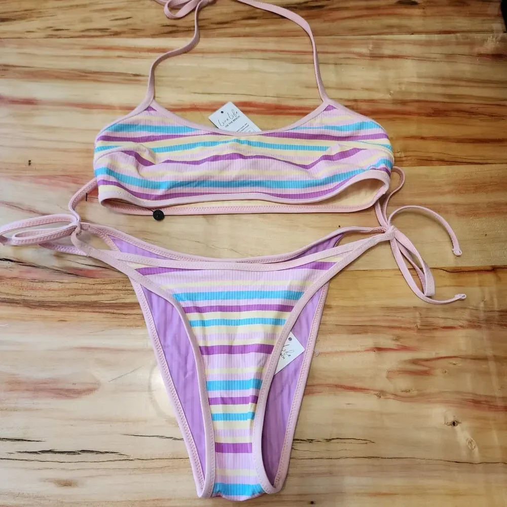 NWT CUPSHE Bikini Swimsuit 2 Pc Womens Small Striped Bandeau Top Hip Tie Sexy - Picture 11 of 14